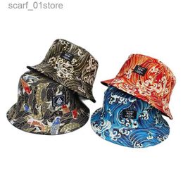 Hoeden met brede rand Bucket Hats 2019 Katoen Koi vis print aan beide zijden Bucket Hat Vissershoed outdoor reizen Sun C-hoeden voor mannen en vrouwen 174L231216