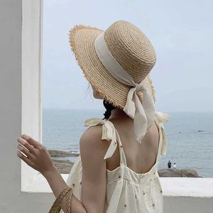 Chapeaux à bord large chapeau seau 2019 Summer Sun Hat Bow 100% rafia chapeau soleil visière femme Summer Panama Str Hat Womens Beach Hat d'été UV Blocking Hat J240425