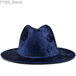 Brede Rand Hoeden Emmer Hoeden 2020 Nieuwe Dames Heren Goud fluwelen Fedora Hoed Gentleman Elegante Dame Winter Herfst Brede Rand Jazz Kerk Panama Sombrero Cap 56-58CM YQ231116