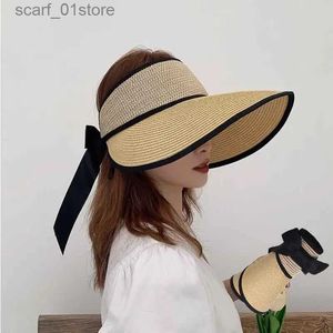 Sombreros de ala ancha Sombreros de cubo 2021 Nuevo verano Str Sombrero de playa para mujer Tapa vacía Sombrero con protección solar UV para mujer Nudo de lazo para niña plegable y barato CC24319