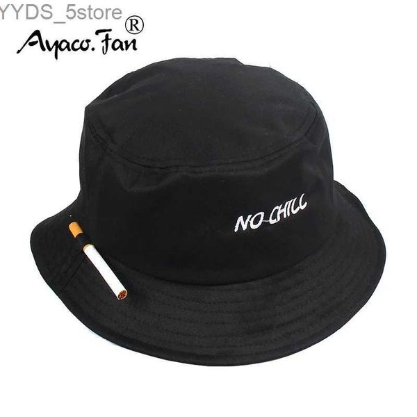 Chapeaux à larges bords Chapeaux de seau 2021 Solide Noir Hommes Femmes Seau Chapeau Cigarette Broderie NO CHILL Hip Hop Casquette De Pêche Adulte Unisexe Panama Bob Chapeau Plat Chapeau De Soleil YQ231110