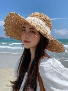 Chapeaux à large bord Chapeaux de seau 2022 Seau d'été pour femmes pliant dentelle arc chapeau de paille Panamas Protection UV parapluie COOL chapeau de plage chapeau d'été de marée J240325