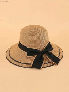Hates de borde anchos Sombreros de cubo 2023 Nuevos sombreros de verano para mujeres Sol Beach Ladies Fashion Flat Bowknot Panama Lady Casual Sun Hats for Women Straw Hat 240407