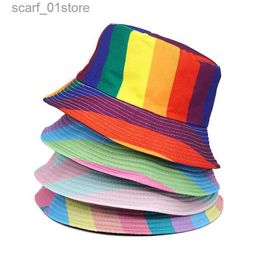 Chapeaux à larges bords Chapeaux de seau 2023 Chapeau de pêcheur d'été Chapeaux de seau réversibles Harajuku pour femmes hommes Street Hip Hop C Rainbow Imprimé Fishing HatL231216