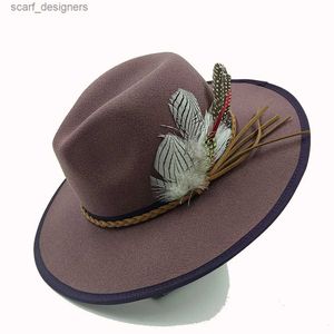 Brede rand hoeden emmer hoeden 2023 vintage fedora hoed veerheren en dames jazz hoed bindende kleur wollen brede rand panama kerk hoed groothandel y240409