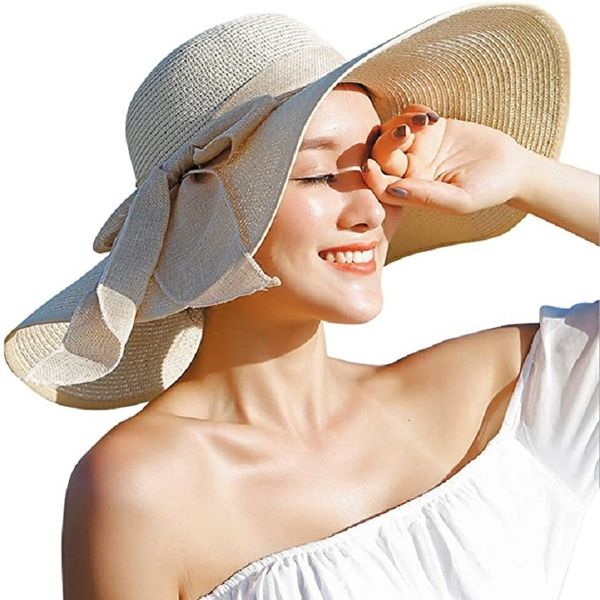 Chapeaux à large bord Chapeaux de seau 24colors Femmes Chapeau de paille de soleil à large bord UPF 50 Chapeau d'été Pliable Roll Up Floppy Chapeaux de plage pour femmes Big Bowknot 230511