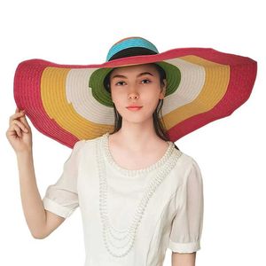 Chapeaux à bord large chapeau seau 25 cm Ultrafine Ultrafine Wide rayé arc-en-ciel rayé Str plage chapeau adapté aux femmes grandes protection UV Summer Soft Refoldable Sun Hat J24042