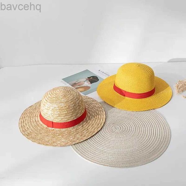 Hates de borde anchos sombreros de cubo 31/35 cm Luffy Straw Hat Cosplay Animación Performance Kids Adultos Luffy Straw Cap Sun Sun Hat Accessories Anime 240407