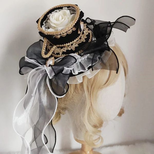 Chapeaux à larges bords Chapeaux de seau 4 couleurs Lolita ronde à volants dentelle arc perle pendentif haut-de-forme Vintage fil Royal Anime Cosplay casquette doux Tea Party Bonnet pince à cheveux 231130