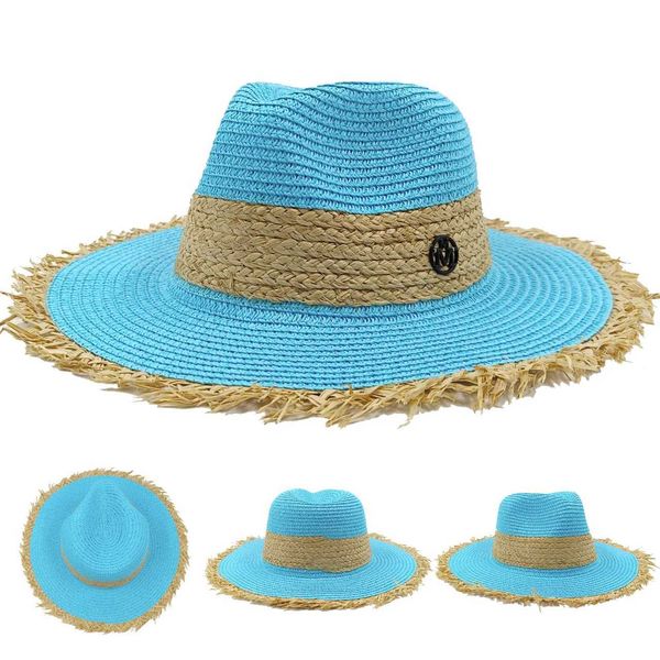 Sombreros de ala ancha Sombreros de cubo Sombrero de paja azul azul nuevo M sombrero de paja para mujer sombrero de playa de viaje pequeño fresco tapa plana Sombrero de paja francés sombrero para el sol tejido J240325