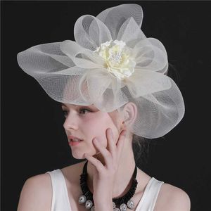 Brede rand hoeden emmer hoeden bruid fedoras met clip dames fascinator haarspeld voor vrouwen bruiloft feest mesh garen bloemen haarspelden hoed haaraccessoires y240426