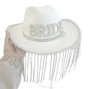 Brede rand hoeden emmer hoeden heldere cowgirl hoed voor bruids douche witte cowgirl hoed vrijgezellenfeestje y240425