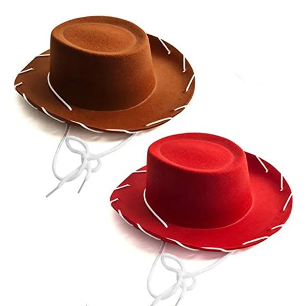 Chapeaux à Large Bord Chapeaux Seau Cool Western Feutre Marron Rouge Chapeau de Cowboy Réglable pour Halloween Jeux de Rôle Festivals Costumes de Fête à Thème pour Garçons Filles 231006