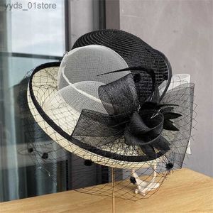 Chapeaux à larges bords Chapeaux de seau Curling gaze haut-de-forme été femmes mode polyvalent mode chapeau nœud papillon fleur voile Kenta Dey église fête Protection solaire chapeau L240308