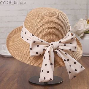 Wide Brim Hats Bucket Hats Élégant Dot Bow Str casquette de soleil pour les femmes été disquette seau Chapeau résistant au soleil large bord voyage plage dames Sombrero Hombre Chapeau YQ231116