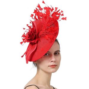 Chapeaux à bord large chapeau seau élégant plume rouge fascinateur mariage haplip nuplip chapeau pour cocktail de fête cèche fleurie motif de motif de motif y240426
