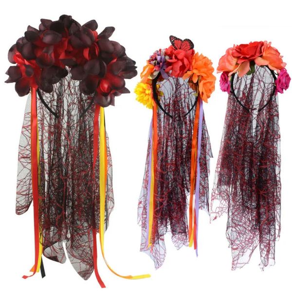 Chapeaux à larges bords Chapeaux de seau Fariy Femmes Filles Voile Cadavre Mariée Roses Fleur Mexicaine Bandeau Bandeau Halloween Déguisement Fête Costume Accessoire 231013