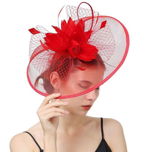 Chapeaux à bord large chapeaux de seau mode cocktail rouge chapeau womens sinamay fascinator mariage église plume cheveux floral fascinateur chapeau voiles bande y240426