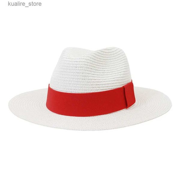 Chapeaux larges chapeaux seau mode été décontracté unisexe plage large bord Jazz chapeau de soleil Panama chapeau papier paille femmes hommes casquette avec ruban rouge L240322