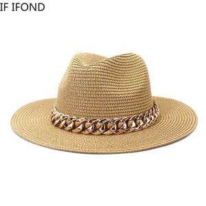 Chapeaux à larges bords Chapeaux de seau Chaîne en or à la mode avec chapeau de paille Panama adapté aux femmes été respirant chapeau de soleil de plage élégant chapeau de jazz de fête pour femmes J240305