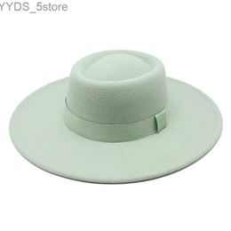 Brede Rand Hoeden Emmer Hoeden Fedora Hoeden voor Vrouwen Nieuwe 9,5 cm Brede Rand Jurk Mannen Caps Vilten Hoed Panama Kerk Bruiloft Lint Band Mannen Hoed Sombrero De Mujer YQ231116