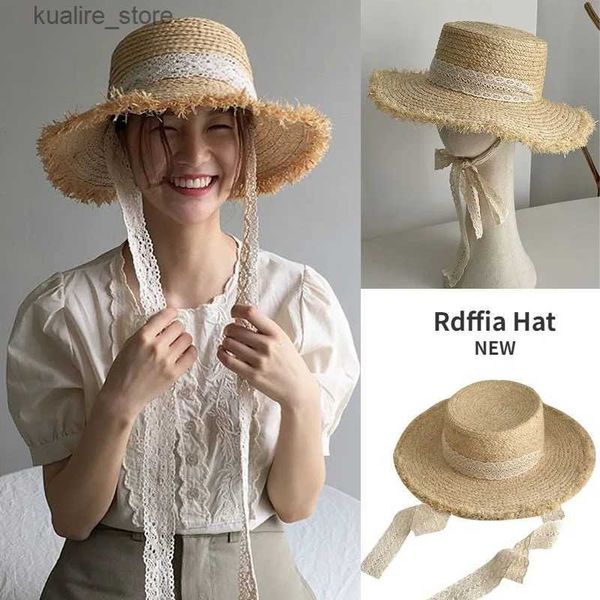 Sombreros de ala ancha Sombreros de cubo Sombrero de paja de rafia natural plano Verano para mujer 2024 Nueva versión coreana Ins Pequeño encaje francés fresco Sombrero de playa junto al mar L240322