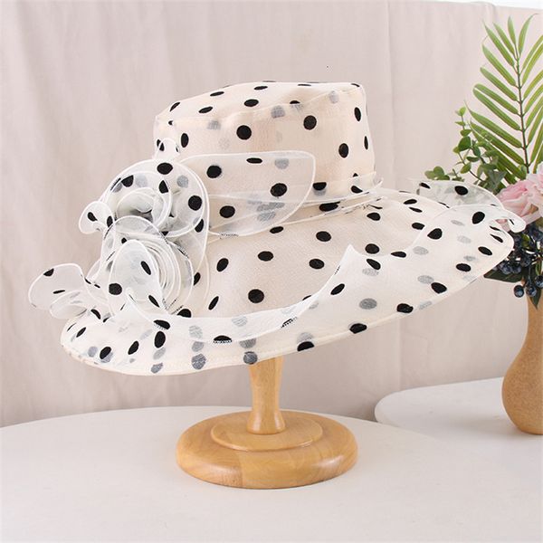 Chapeaux à large bord Chapeaux seau Fleur à pois Organza Chapeau à grand bord Femmes Derby Tea Party Chapeaux de mariage Chapeau Dames Élégant Cap 230615