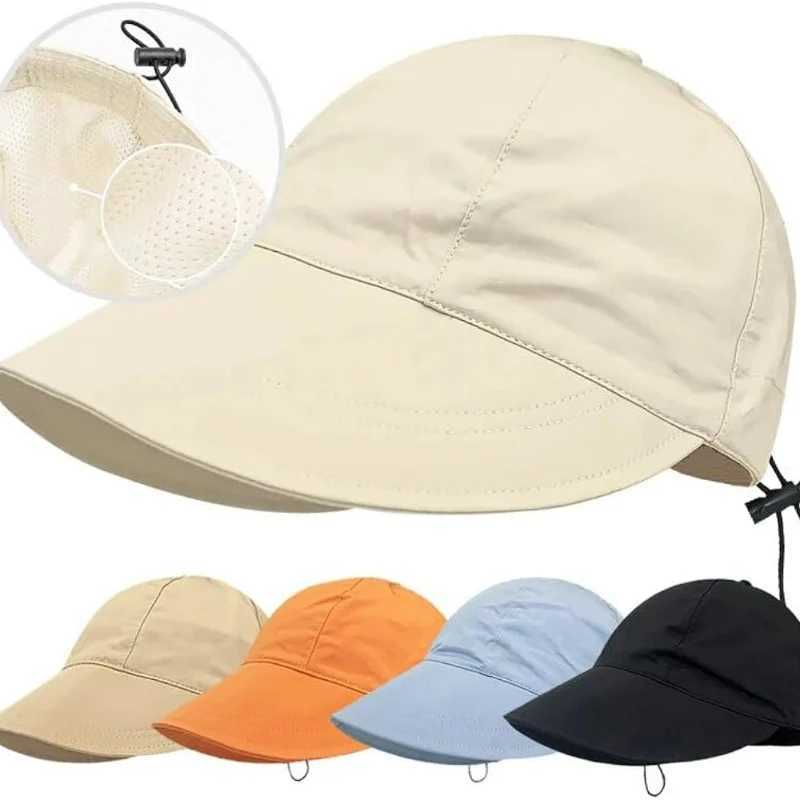 Chapéus de aba larga Chapéus de balde dobrável Brim largo chapéu de sol ajustável chapéu de chapéu de praia de praia respirável e chapéu de pescador de seco rápido do sol q240403