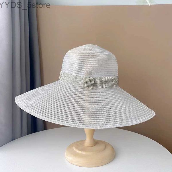 Chapeaux à large bord Chapeaux de seau style français grands chapeaux d'été à large bord bande de strass Str chapeau de soleil dôme disquette plaine Derby jardin voyage chapeaux de plage pliable YQ231116