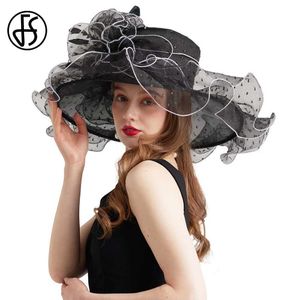 Brede rand hoeden emmer hoeden fs 2024 Kentucky derby hoeden voor vrouwen organza zon cap veer bloem bruiloft bruid kerk cocktail thee feest fedora vrouwelijk y240426