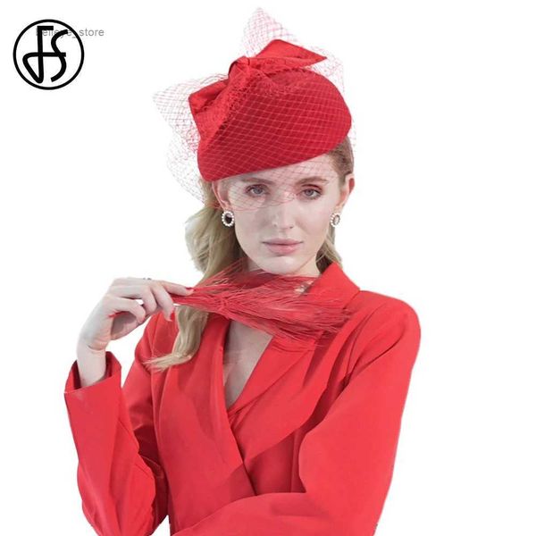 Chapeaux larges chapeaux seau FS grand rouge disquette petits chapeaux haut pour les femmes béret élégant avec voile arc laine feutre Fedoras dames robe formelle casquette automne hiver L231221