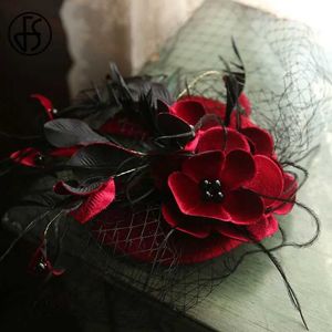 Brede rand hoeden emmer hoeden fs zwarte sluier hoeden voor vrouwen elegante bloem fascinators hoeden veer bruiloften pilbox hoed vintage dames kerk fedora derby hoed y240426