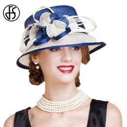 Sombreros de ala ancha Sombreros de cubo FS Azul británico Blanco Sinamay Vestido de novia para mujer Sombrero Elegante Iglesia Flor Ancho Ala Sombreros de lino Sombrero de mujer 230512