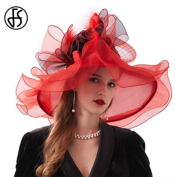 Chapeaux à bord large chapeaux de seau fs fascinateurs élégants organza kentucky derby chapeaux pour femmes grandes grandes bandes mariées à thé cap cartouche d'été de plage du soleil y240426