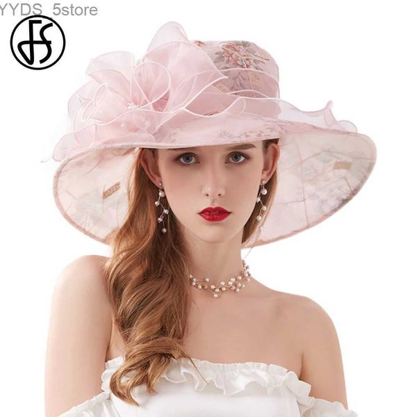 Sombreros de ala ancha Sombreros de cubo FS Fascinator Chiffon Kentucky Hats Sombreros de boda de flores para mujer Vestidos elegantes para la iglesia Fedora de ala ancha rosa beige YQ231116