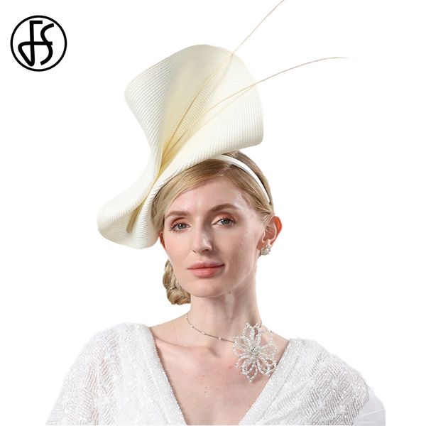 Sombreros de ala ancha Sombreros de cubo FS Fascinators Beige Blanco Sombreros de boda para mujer Cóctel Fiesta de té Fedora Vintage Lady Elegante vestido de iglesia Derby Cap 230621