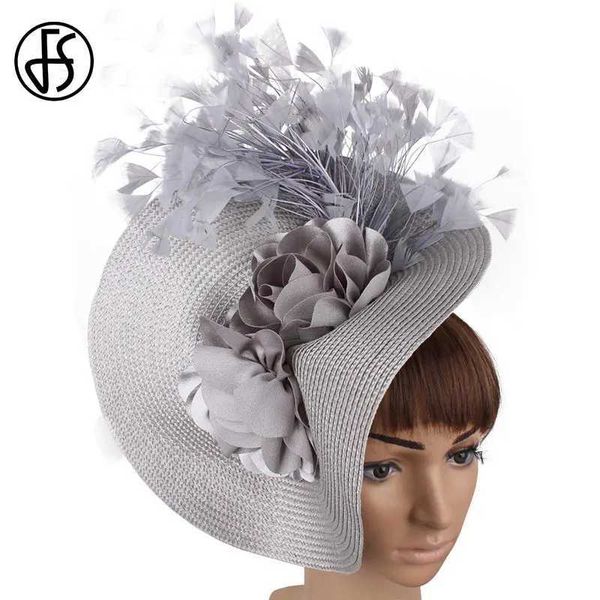 Chapeaux à bord large chapeau seau fs imitation paille gros chapeau de fascinateur derby pour les femmes de mariage fleur blanche casque bandeau fantaisie plume race race accessoire y240426