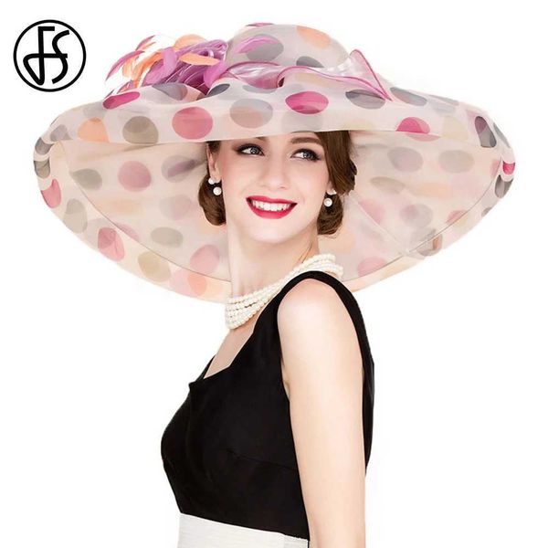 Chapeaux à bord large chapeau seau fs été fascinateur britannique fascinateur organza pour femmes rose noire grand chapeau de mariage large largeur avec fleur chapeu féminino y240426
