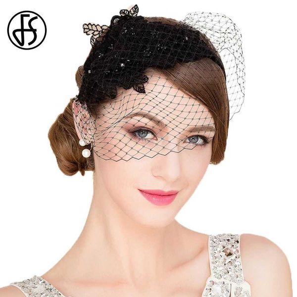 Sombreros de borde anchos sombreros de cubo fs fascinadores de damas vintage gorro de pastilla con velo negro de la iglesia de boda real de verano negro para mujeres elegante fedora y240426