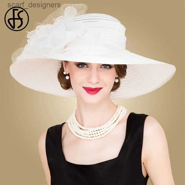 Chapeaux à bord large chapeau seau fs blanc élégant mariage mariée église chapeaux de paille pour femmes fleurs fleurs grand chapeau de rondage de plage de Sun Kentucky derby Fedora y240409