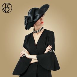 Chapeaux à large bord Chapeaux seau FS Femmes Chapeau noir Grand large bord Feutre de laine Fedoras Chapeaux Chapeau d'église d'hiver pour mariage Bowler Cloche Chapeaux Derby Sombrero Mujer 230717