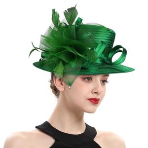 Chapeaux à bord large chapeau seau cocktail vert chapelet satin chapeau de photographie élégante chapeaux de mode