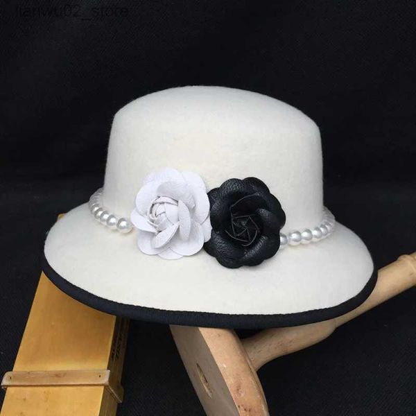 Sombreros de ala ancha Sombreros de cubo Fedora de camelia blanca de alta calidad Banda de perlas % sombrero de fieltro de lana Floppy Ladies Wedding Church Hat Pork Pie Trilby hat Q240312