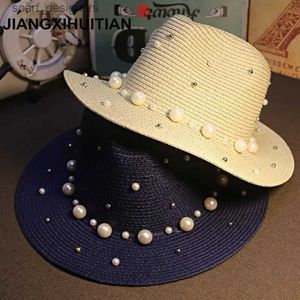 Brede rand hoeden emmer hoeden jiangxihuitian merken 2018 Nieuwe zomer British Pearl Beading platrand Straw hoed Shading Sun Hat Lady Beach Hat gratis verzending Y240409