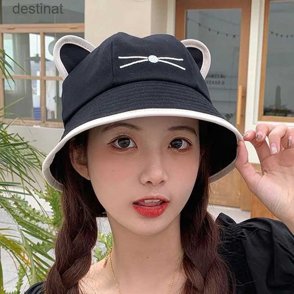 Sombreros de ala ancho sombreros de cubo coreano cartoon gato orejas para mujeres sombrero de cubo de cubo de verano