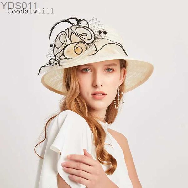 Chapeaux larges seau Chapeaux seau dame Deby course Fedora chapeau été église femmes élégantes fleur large bord plage casquette de soleil femmes Vaction mariage course fascinateur chapeaux YQ231120