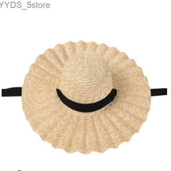Sombreros de ala ancha Sombreros de cubo Sombreros de volantes ondulados de ala ancha grande natural sombrero de trigo-str Sombrero de playa con flecos de verano para mujer Sombrero para el sol tejido con cinturón blanco negro YQ231116