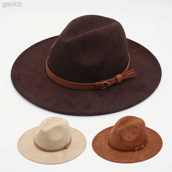 Sombreros de ala ancha Sombreros de cubo Nuevo Sombrero Fedora de tela polar de iglesia Invierno y otoño Sombrero de fieltro de caballero marrón ancho UK Jazz Sombrero de vestir marrón plano para mujer EE. UU. 24323