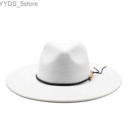Sombreros de ala ancha Sombreros de cubo Nueva moda Cinturón Fedoras para mujeres Primavera Hombres Lana Jazz Sombrero de ala ancha Sombreros blancos Caballero Elegante Chapeau Femme YQ231116