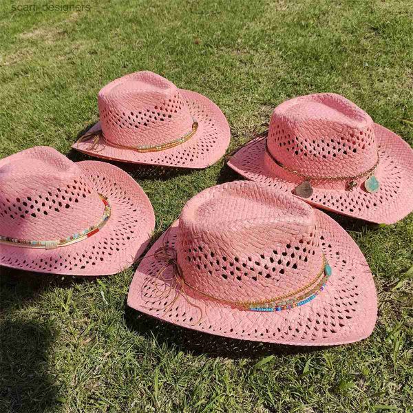 Sombreros de borde anchos sombreros de cubo Nuevo tejido rosado hueco sombrero de vaquero sombrero de paja estrella sombrero de paja de jazz de panamas de la hierba de mezclilla occidental de mezclilla de viaje de viaje al por mayor Y240409
